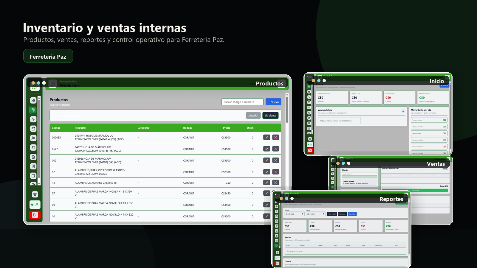 Collage del sistema interno Ferreteria Paz